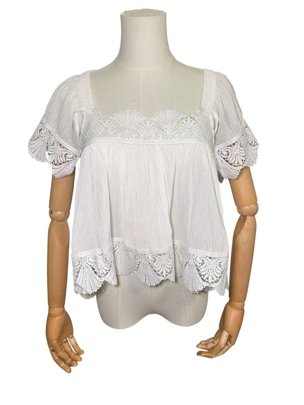 Women’s White Square Neck Crochet Trim Blouse